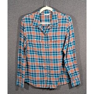 LL Bean Signature Womens 16 Plaid Button Down Shirt Teal Orange Cotton 293404